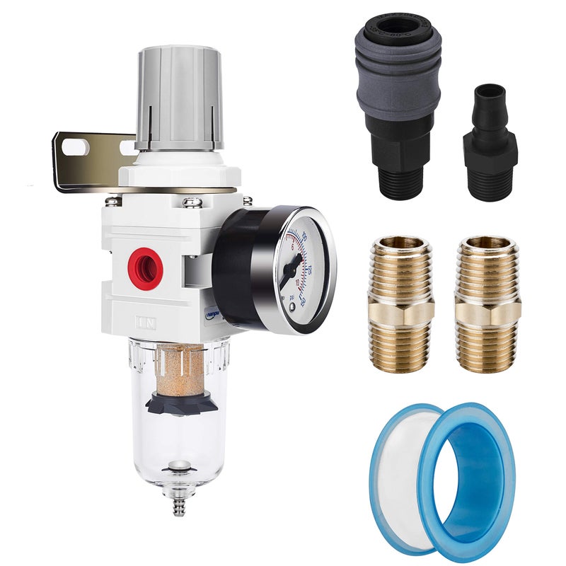 NANPU 1/4" NPT Compressed Air Filter Regulator Combo Piggyback, 5 Micron Brass Element, Poly Bowl, Semi-Auto Drain, Metal Bracket, 0-150 psi Gauge - Image 1